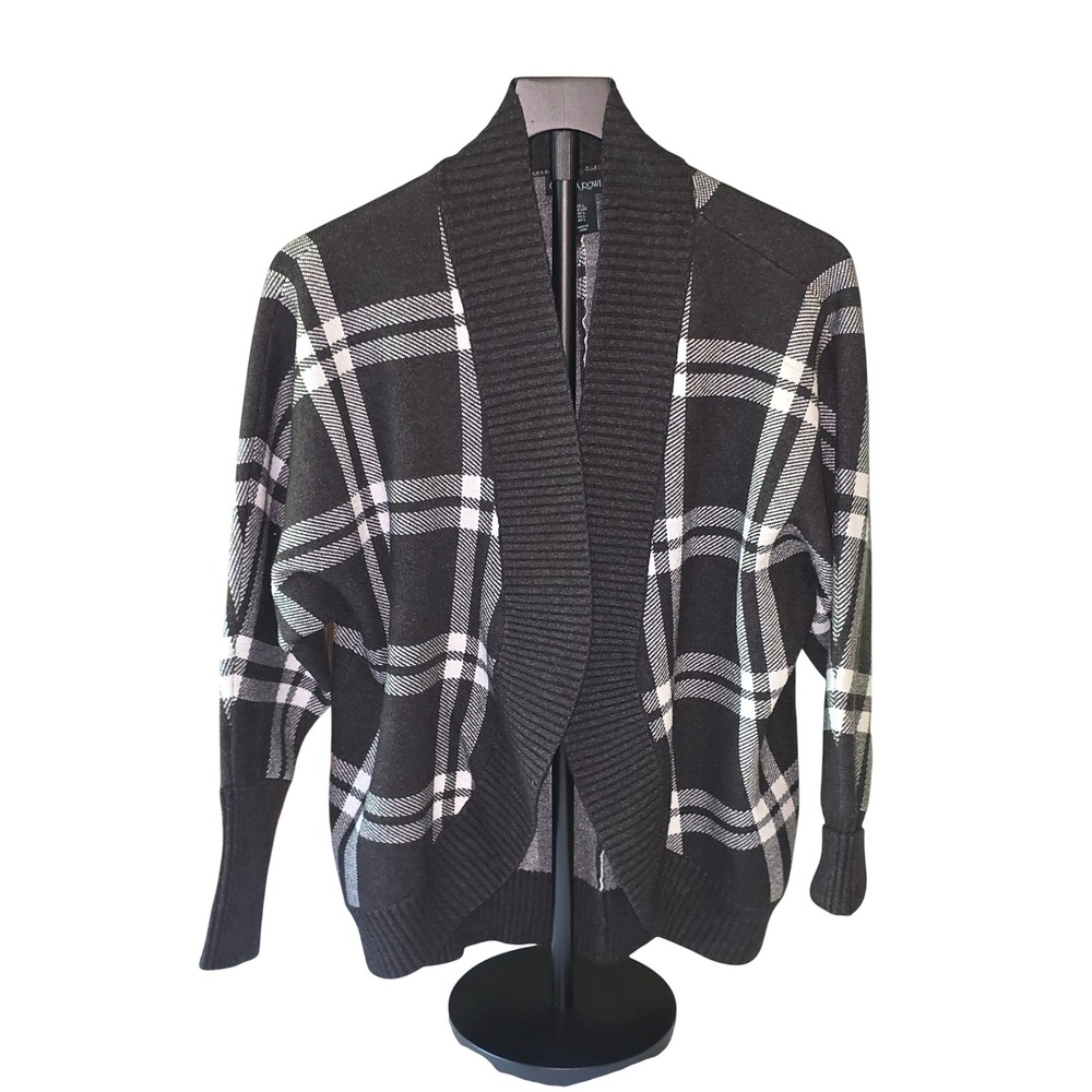 Cynthia Rowley Brown Plaid Open Front Shawl Collar Cardigan Sweater Large